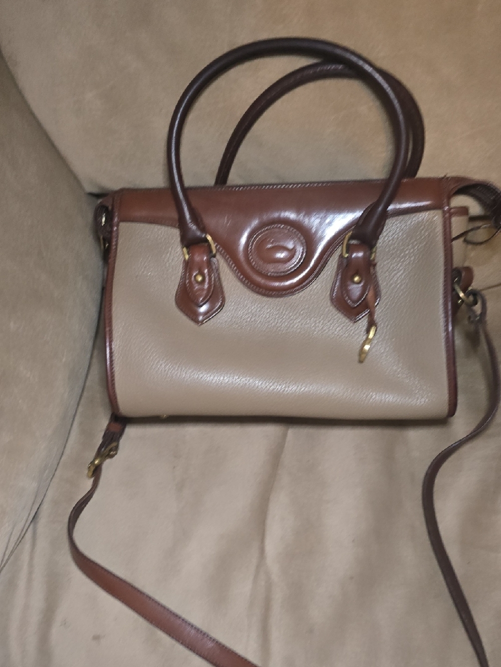 Dooney& Bourke Classic Two-Tone Leather Satchel Bag Taupe and Brown